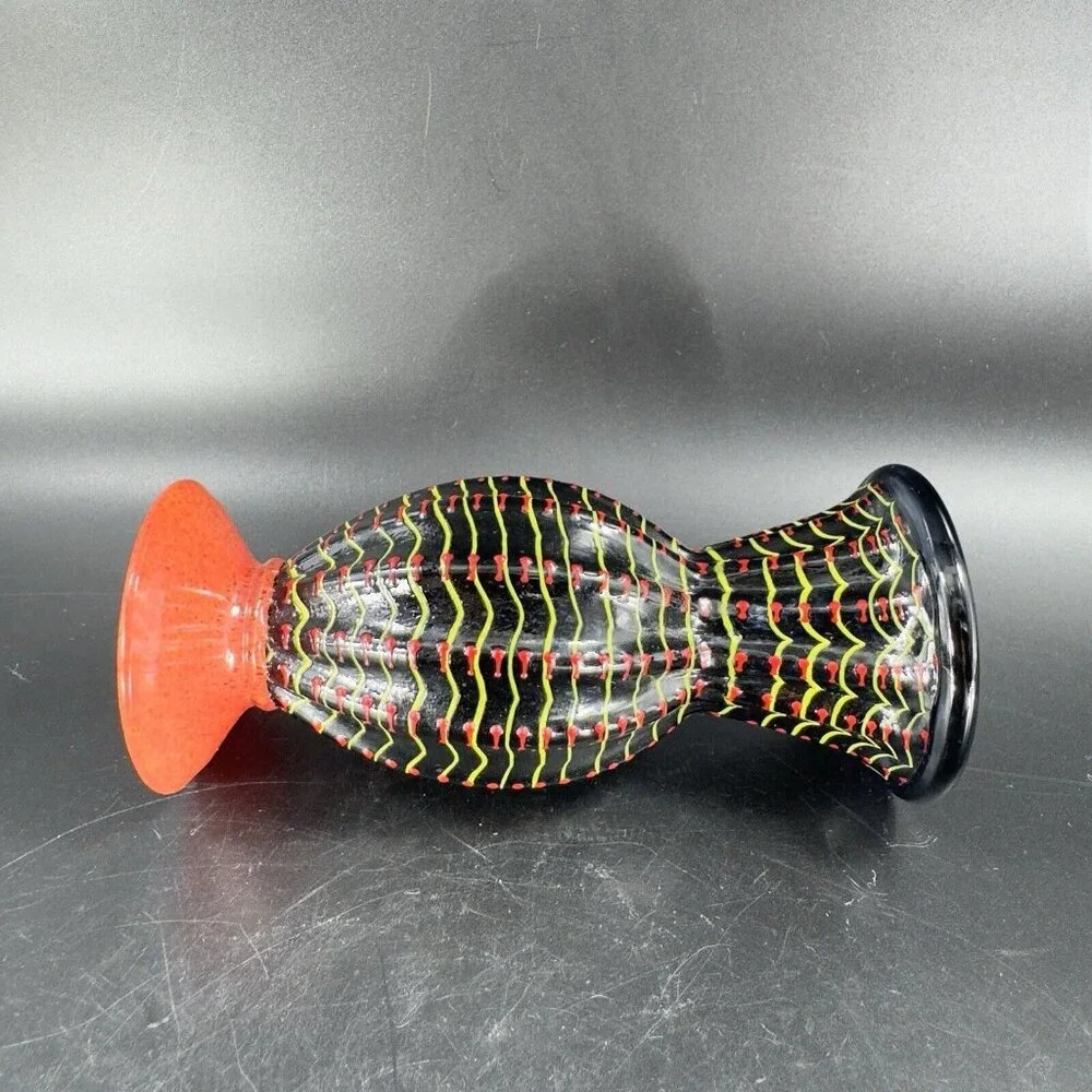 Hand Blown Studio Art Glass Vase Halloween‎ Decor Artist Signed Red Black Spider